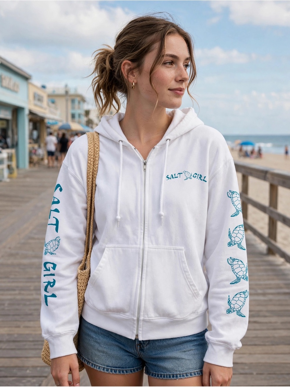 Salt Girl White Zip Hoodie with Teal Turtle Graphics
